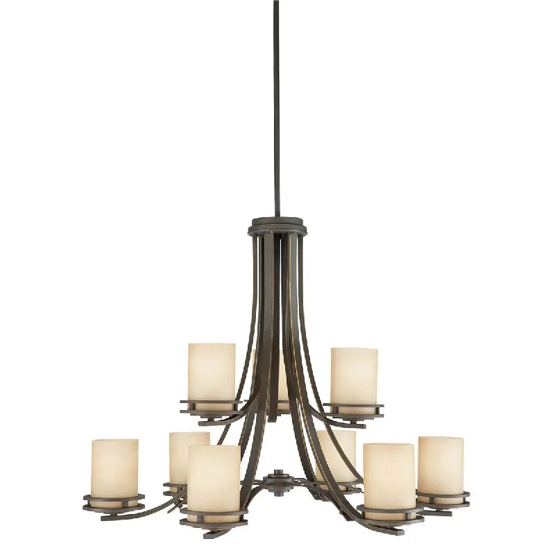 Industrial Lighting for Woodworking FactoriesHendrik 33" 9-Light Chandelier Multi-Tier with Satin etched umber Glass, Olde bronze Finish