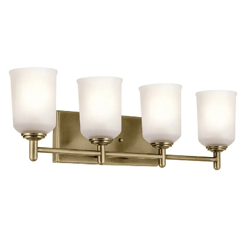 Industrial Lighting for Automotive Manufacturing PlantsShailene 30 In 4-Lights Bathroom Vanity Light With Clear Satin Etched Glass, Gold Finish Industrial Lighting for Automotive Manufacturing PlantsShailene 30 In 4-Lights Bathroom Vanity Light With Clear Satin Etched Glass, Gold Finish