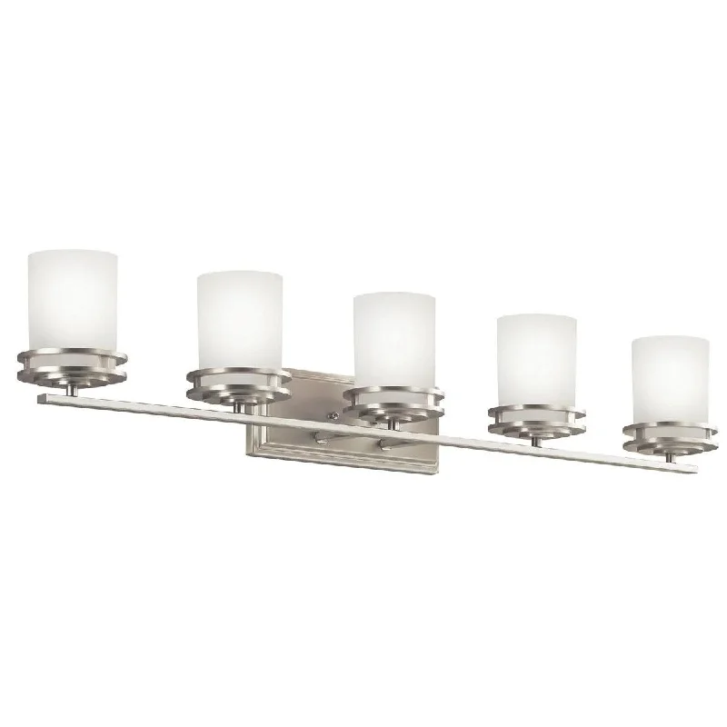 Industrial Task Lighting for Precision WorkstationsHendrik 43 In 5-Lights Bathroom Vanity Light With Satin Etched Cased Opal Glass, Brushed Nickel Finish Industrial Task Lighting for Precision WorkstationsHendrik 43 In 5-Lights Bathroom Vanity Light With Satin Etched Cased Opal Glass, Brushed Nickel Finish
