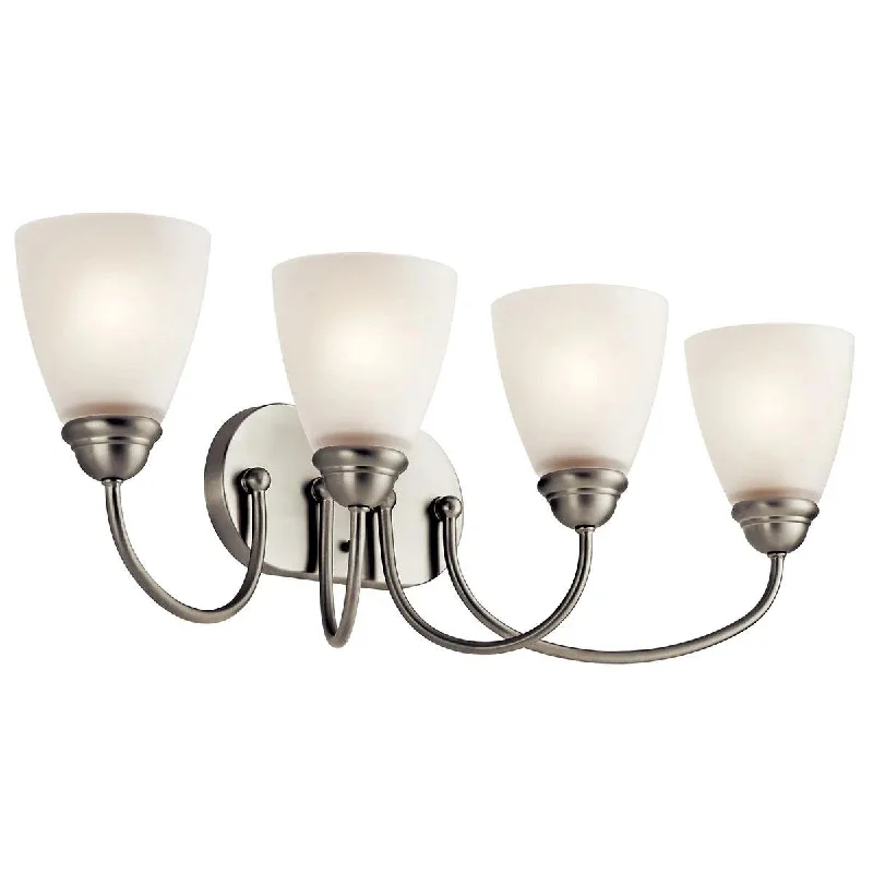 Industrial Lighting for Chemical PlantsJolie 28 In 4-Lights LED Bathroom Vanity Light With Satin Etched Cased Opal Glass, Brushed Nickel Finish Industrial Lighting for Chemical PlantsJolie 28 In 4-Lights LED Bathroom Vanity Light With Satin Etched Cased Opal Glass, Brushed Nickel Finish