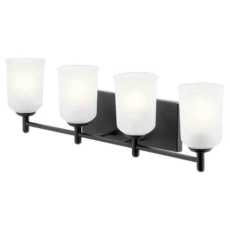 Industrial Pendant Lighting for Machine ShopsShailene 30 In 4-Lights Bathroom Vanity Light With Clear Satin Etched Glass, Black Finish Industrial Pendant Lighting for Machine ShopsShailene 30 In 4-Lights Bathroom Vanity Light With Clear Satin Etched Glass, Black Finish