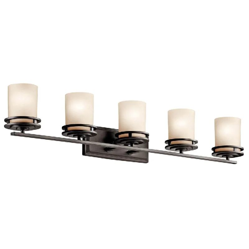 Industrial Lighting for Metal Fabrication ShopsHendrik 43 In 5-Lights Bathroom Vanity Light With Satin Etched Cased Opal Glass, Bronze Finish Industrial Lighting for Metal Fabrication ShopsHendrik 43 In 5-Lights Bathroom Vanity Light With Satin Etched Cased Opal Glass, Bronze Finish