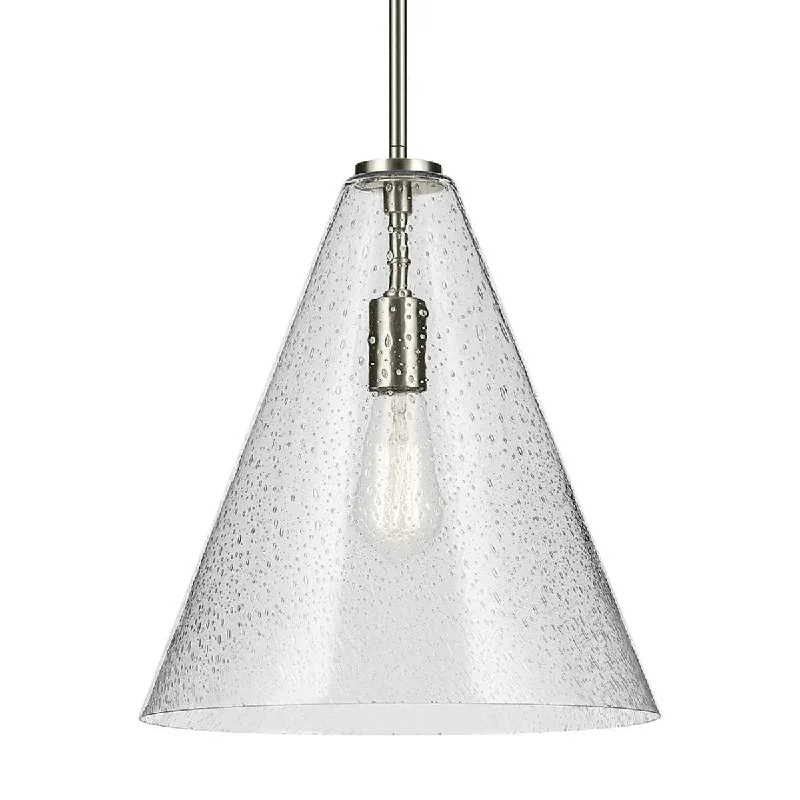 Industrial Lighting for Furniture FactoriesEverly 16" 1-Light Cone Pendant Light with Clear Seeded Glass, Brushed Nickel Finish Industrial Lighting for Furniture FactoriesEverly 16" 1-Light Cone Pendant Light with Clear Seeded Glass, Brushed Nickel Finish