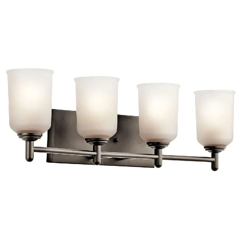 Low - Bay Industrial Lighting Fixtures for Small FactoriesShailene 30 In 4-Lights Bathroom Vanity Light With Clear Satin Etched Glass, Bronze Finish Low - Bay Industrial Lighting Fixtures for Small FactoriesShailene 30 In 4-Lights Bathroom Vanity Light With Clear Satin Etched Glass, Bronze Finish