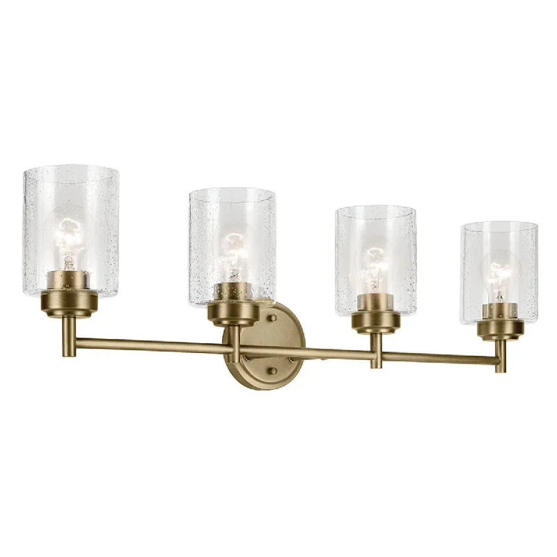 Industrial Lighting for Textile MillsWinslow 30 In 4-Lights Bathroom Vanity Light With Clear Seeded Glass, Gold Finish Industrial Lighting for Textile MillsWinslow 30 In 4-Lights Bathroom Vanity Light With Clear Seeded Glass, Gold Finish