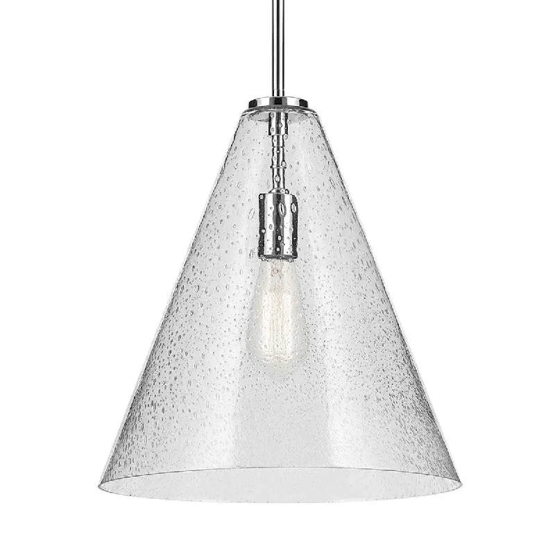 Industrial Exit Sign Lighting for Quick EvacuationEverly 16" 1-Light Cone Pendant Light with Clear Seeded Glass, Chrome Finish Industrial Exit Sign Lighting for Quick EvacuationEverly 16" 1-Light Cone Pendant Light with Clear Seeded Glass, Chrome Finish