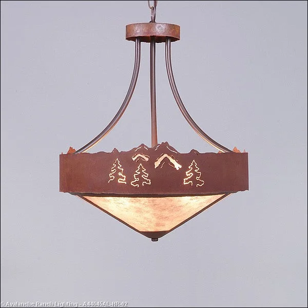 Indian - Themed Ceiling Lights with Intricate Filigree and Mirror WorkIndian - Themed Ceiling Lights with Intricate Filigree and Mirror WorkAvalanche Ranch Ridgemont-Mountain-Pine Cutout A44645AL-HR-02 Pendant Light - Rust Patina