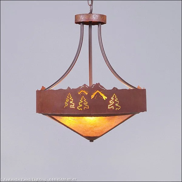 Art Deco Ceiling Lights with Geometric Patterns and Metallic FinishesArt Deco Ceiling Lights with Geometric Patterns and Metallic FinishesAvalanche Ranch Ridgemont-Mountain-Pine Cutout A44645AM-HR-02 Pendant Light - Rust Patina