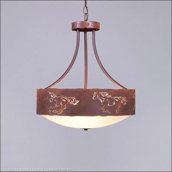Scandinavian Style Ceiling Lights with Light Wood AccentsScandinavian Style Ceiling Lights with Light Wood AccentsAvalanche Ranch Ridgemont-Horse Cutout A44659FC-HR-02 Pendant Light - Rust Patina