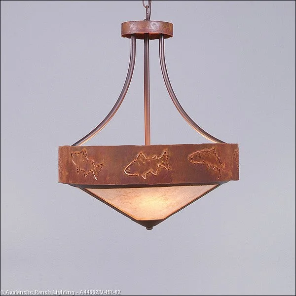 Industrial Style Ceiling Lights with Exposed Bulbs and Metal CagesIndustrial Style Ceiling Lights with Exposed Bulbs and Metal CagesAvalanche Ranch Ridgemont-Fish Cutout A44662IV-HR-02 Pendant Light - Rust Patina