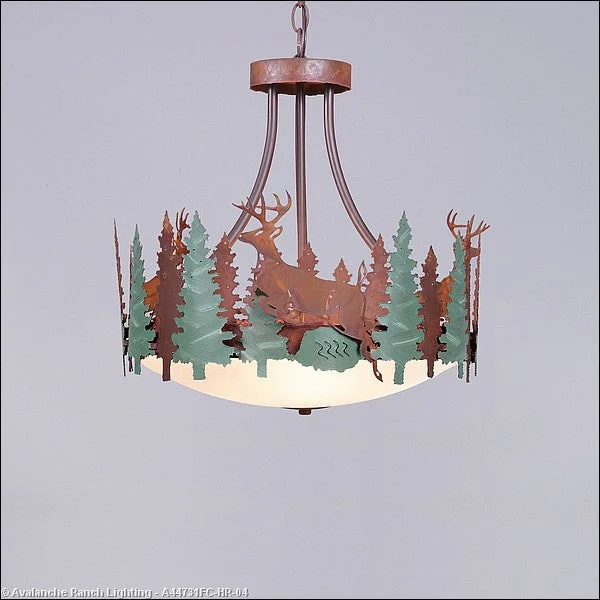Tropical - Themed Ceiling Lights with Palm - Leaf Shapes and Rattan WrapsTropical - Themed Ceiling Lights with Palm - Leaf Shapes and Rattan WrapsAvalanche Ranch Crestline-Deer A44731FC-HR-04 Pendant Light - Pine Green/Rust Patina