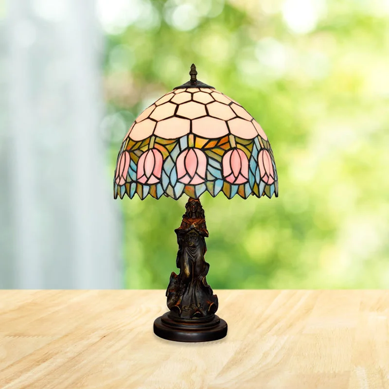 metal table lamps with a matte black finish for a sleek appearancemetal table lamps with a matte black finish for a sleek appearanceHoneycomb Shade Tiffany Bronze Stained Glass Nightstand Lamp with Rose Edge and Angel Base