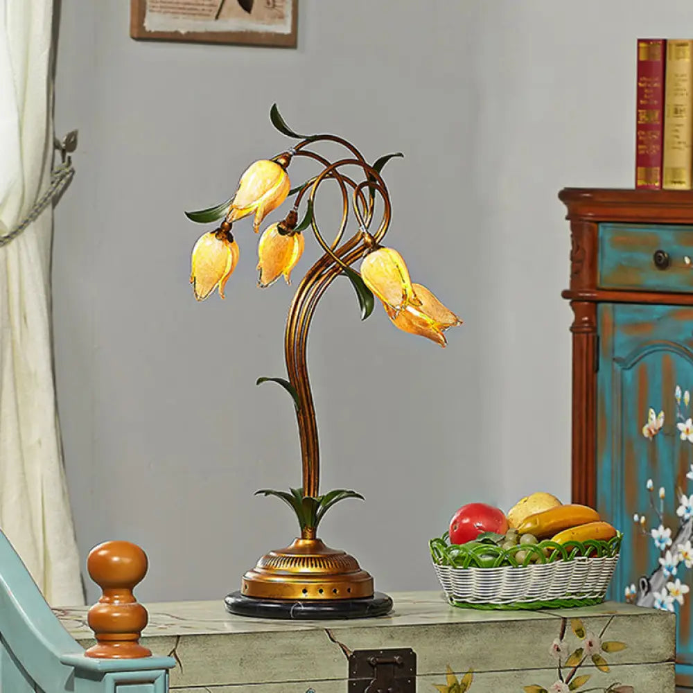 asian inspired table lamps with bamboo accents for a zen atmosphereasian inspired table lamps with bamboo accents for a zen atmosphereTraditional Tulip Shaped Glass Nightstand Lamp with 5 Lights - Beige & Brass Night Table Light