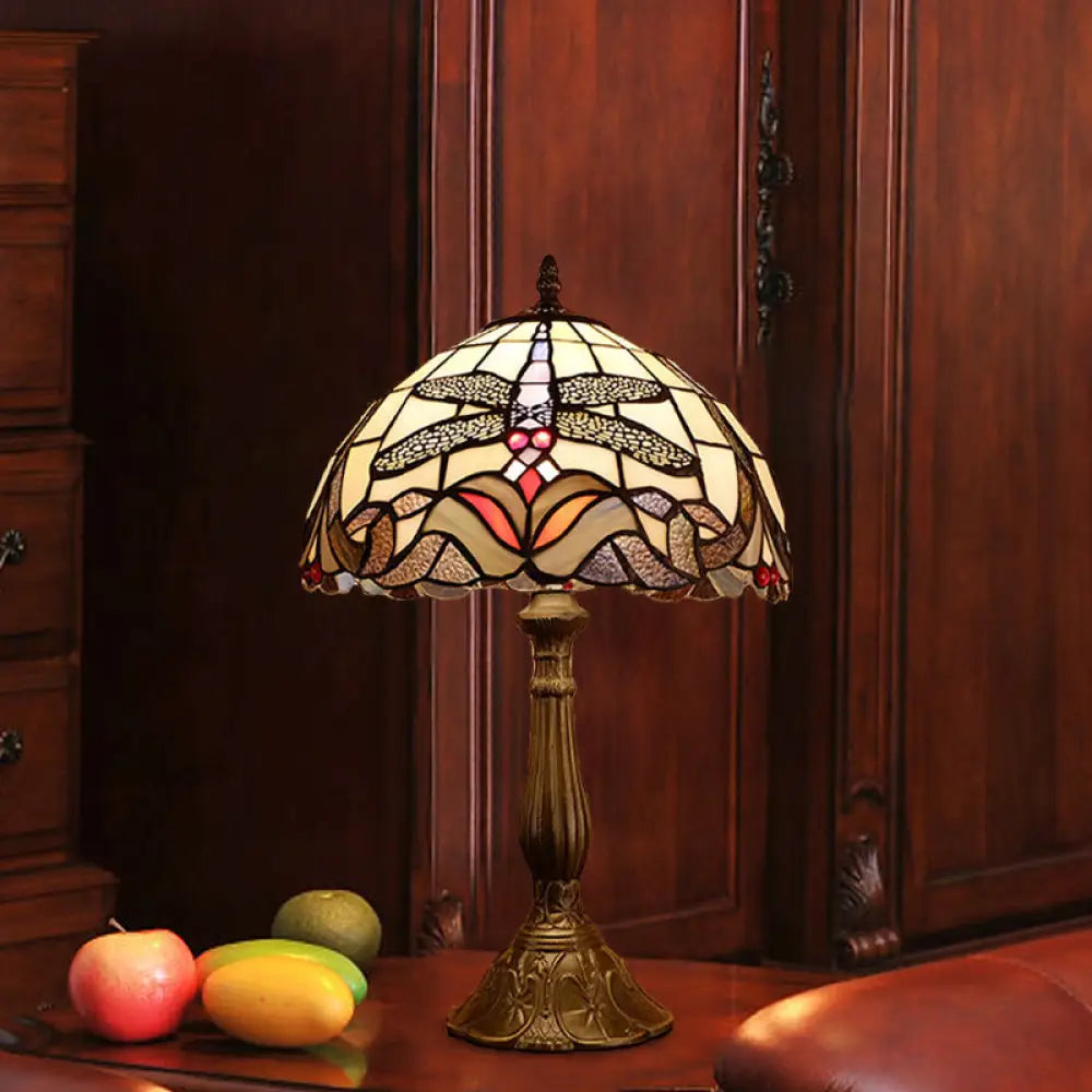 metal table lamps with a matte black finish for a sleek appearancemetal table lamps with a matte black finish for a sleek appearanceDragonfly Table Light: Baroque 1-Light Stained Glass Night Lamp in Bronze with Bowl Shade