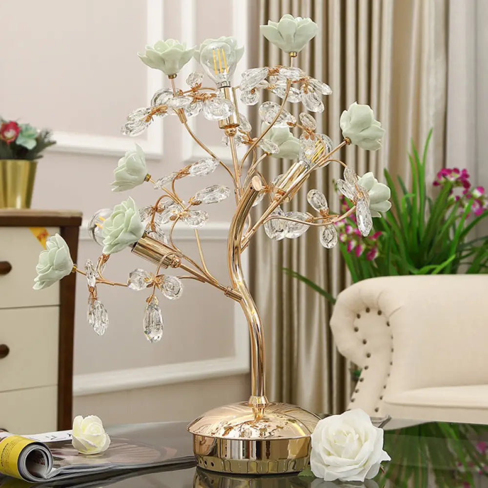 rustic farmhouse table lamps for cozy kitchensrustic farmhouse table lamps for cozy kitchensGreen Ceramic Nightstand Light - Spring Blossom 3-Light American Garden Table Lamp