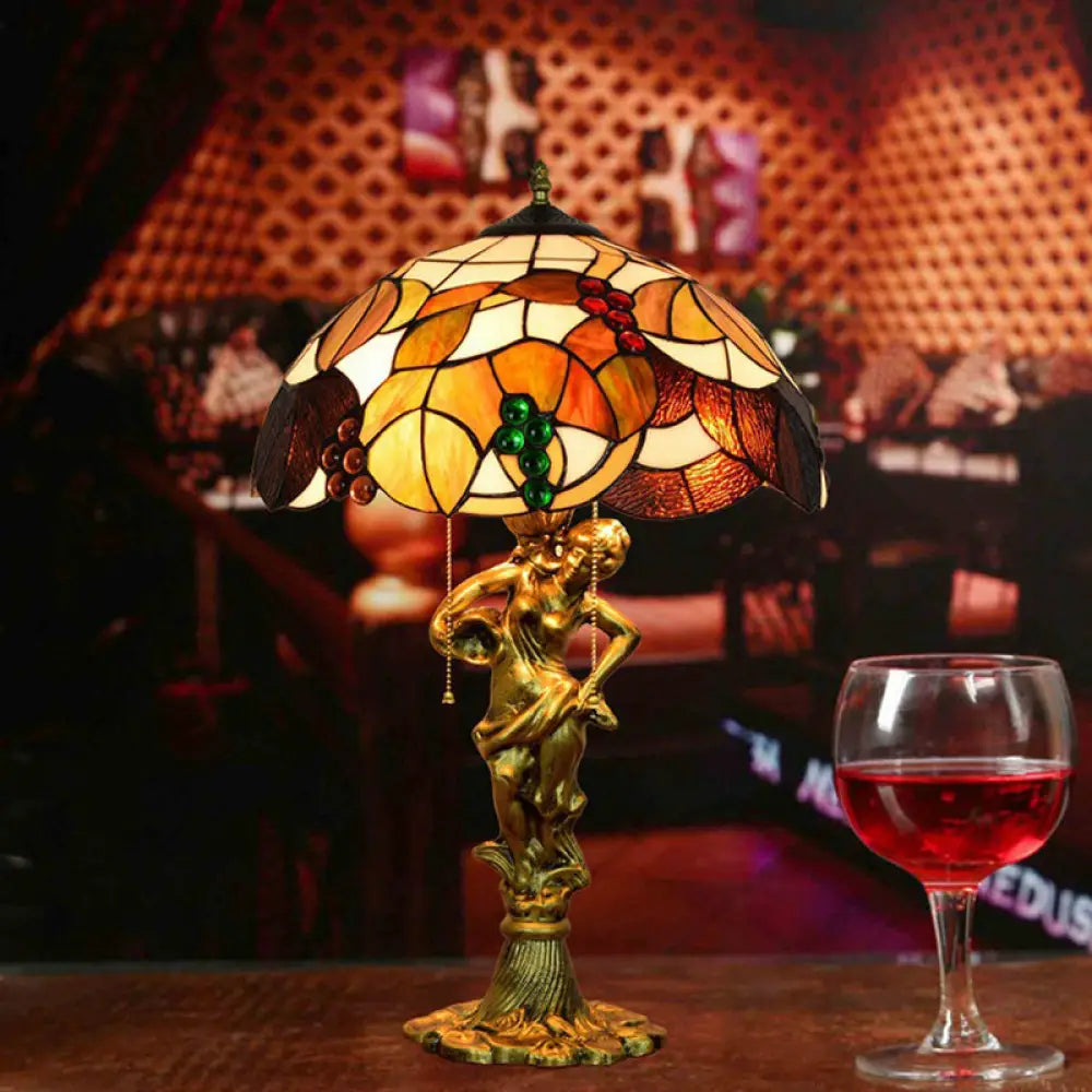 bohemian table lamps with colorful patterns for eclectic bedroomsbohemian table lamps with colorful patterns for eclectic bedroomsVintage Resin Woman Carrying Pot Night Lamp with Tiffany Glass Shade - Bronze Table Lighting
