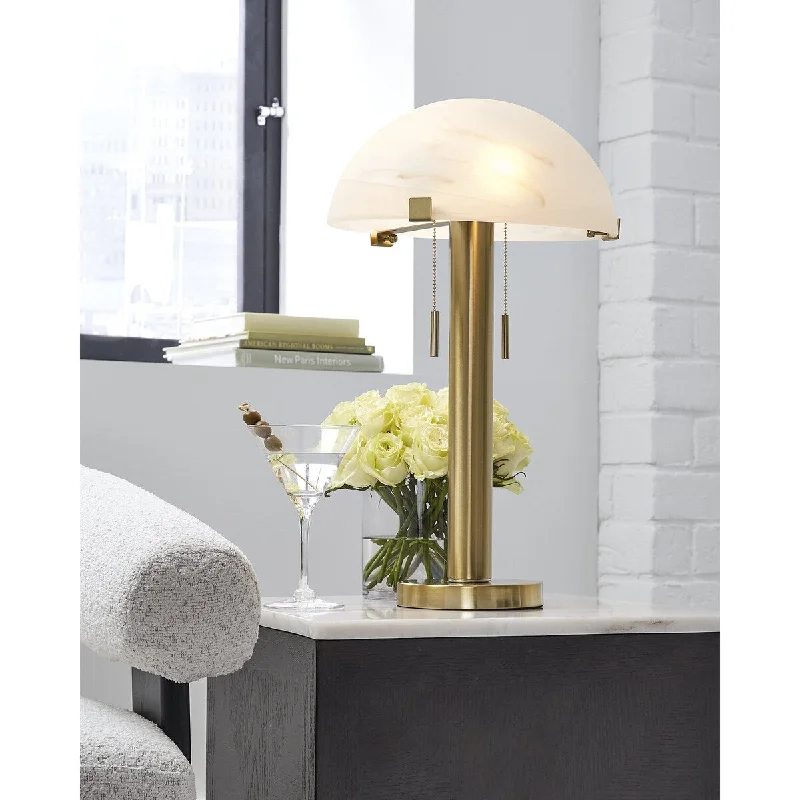 wooden table lamps with natural grain for a warm and organic feelwooden table lamps with natural grain for a warm and organic feelSignature Design by Ashley Tobbinsen Brass/White Table Lamp - 13" W x 13" D x 22.38" H