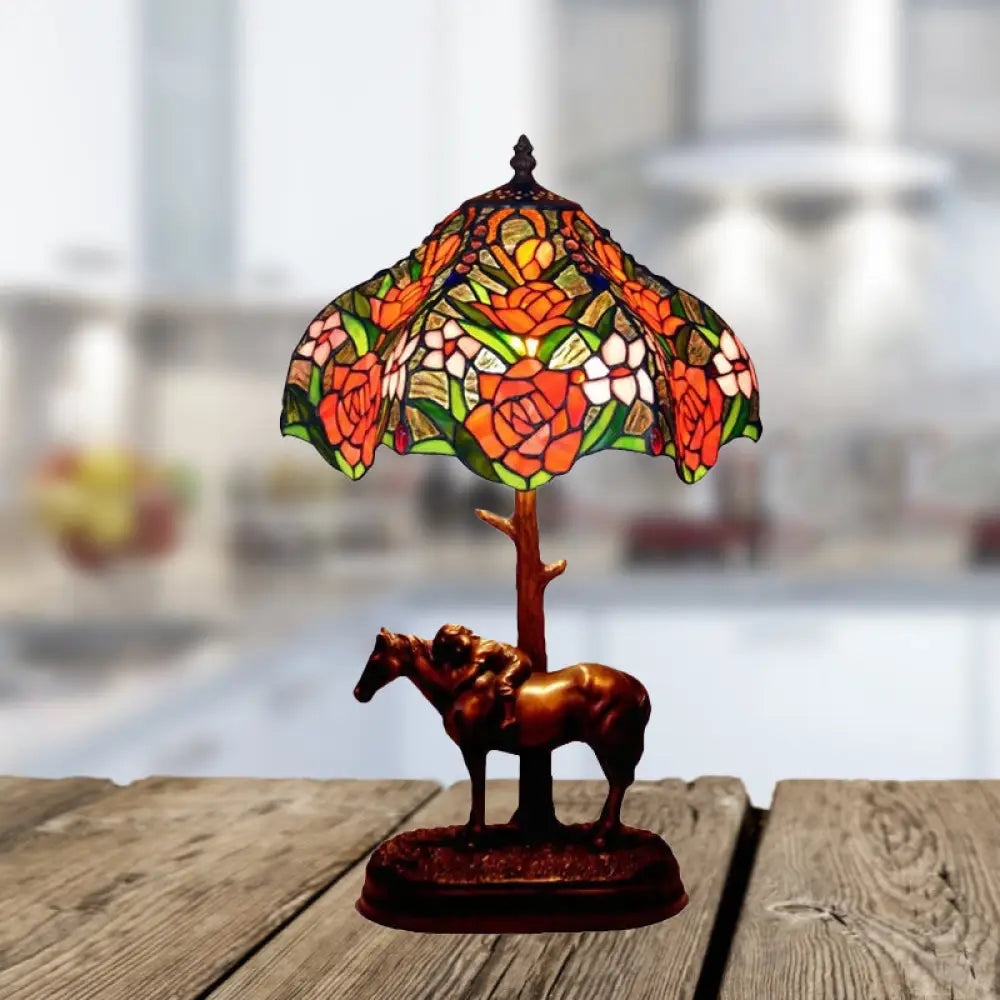 rustic farmhouse table lamps for cozy kitchensrustic farmhouse table lamps for cozy kitchensTiffany Blooming Rose Stained Glass Table Lamp: Single Nightstand Light with Scalloped Edge and Horse Base - Coffee Finish