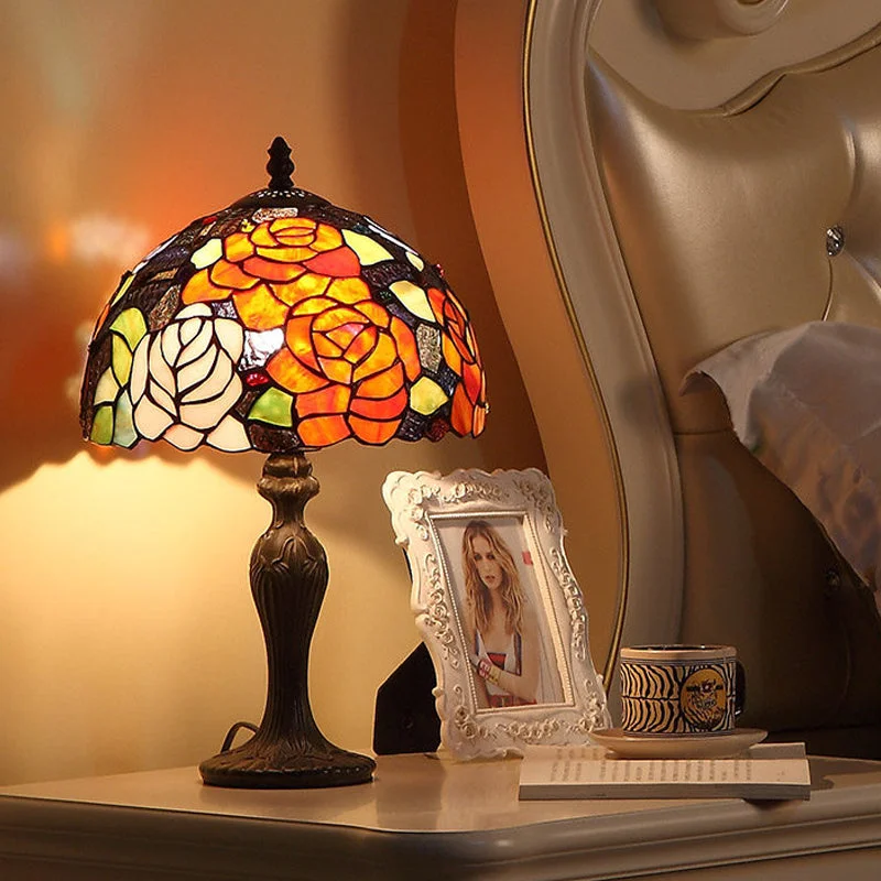 metal table lamps with a matte black finish for a sleek appearancemetal table lamps with a matte black finish for a sleek appearanceDark Brown Tiffany Stained Glass Blossom Table Lamp - 1-Light Nightstand Light