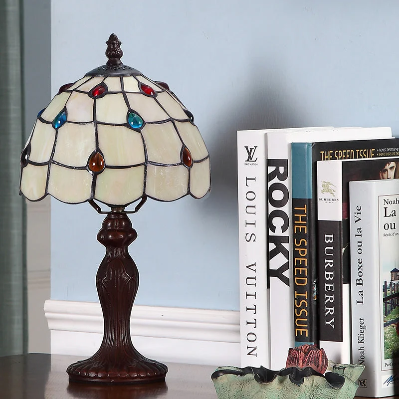wooden table lamps with natural grain for a warm and organic feelwooden table lamps with natural grain for a warm and organic feelTiffany Style Dark Brown Stained Glass Table Lamp with Jewel-Embellished Scalloped Shade