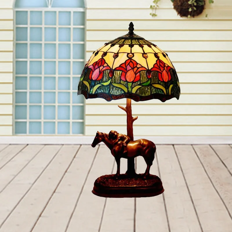 metal table lamps with a matte black finish for a sleek appearancemetal table lamps with a matte black finish for a sleek appearanceStained Glass Flowering Bud Night Lamp - Tiffany Style 1-Light Coffee Table Lighting with Kid's Horse Ride Statue
